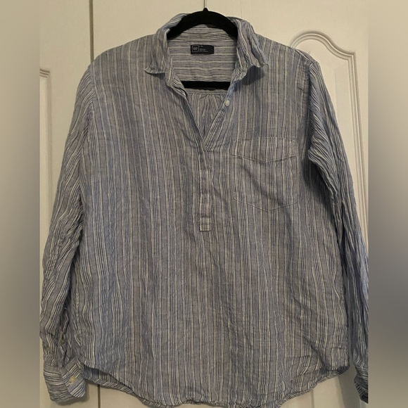 GAP striped Blue and White Casual 100% Linen Blouse - Picture 1 of 4